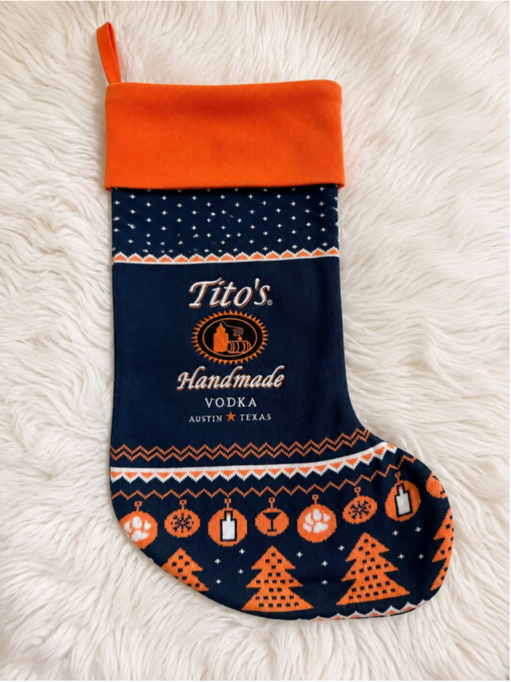 Tito’s Handmade Vodka Holiday Christmas Stocking Navy Orange